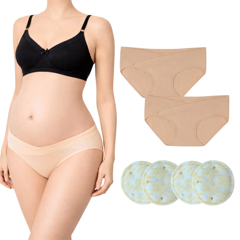TUMMY TUMMY Maternity Combo Set | Bamboo Cotton 2-Low Waist Pregnancy Panty, 1-Non Padded Nursing Bra & 4pc-Reusable Nursing Breast Pads | Soft, Breathable Postpartum & Breastfeeding Essentials for New Moms
